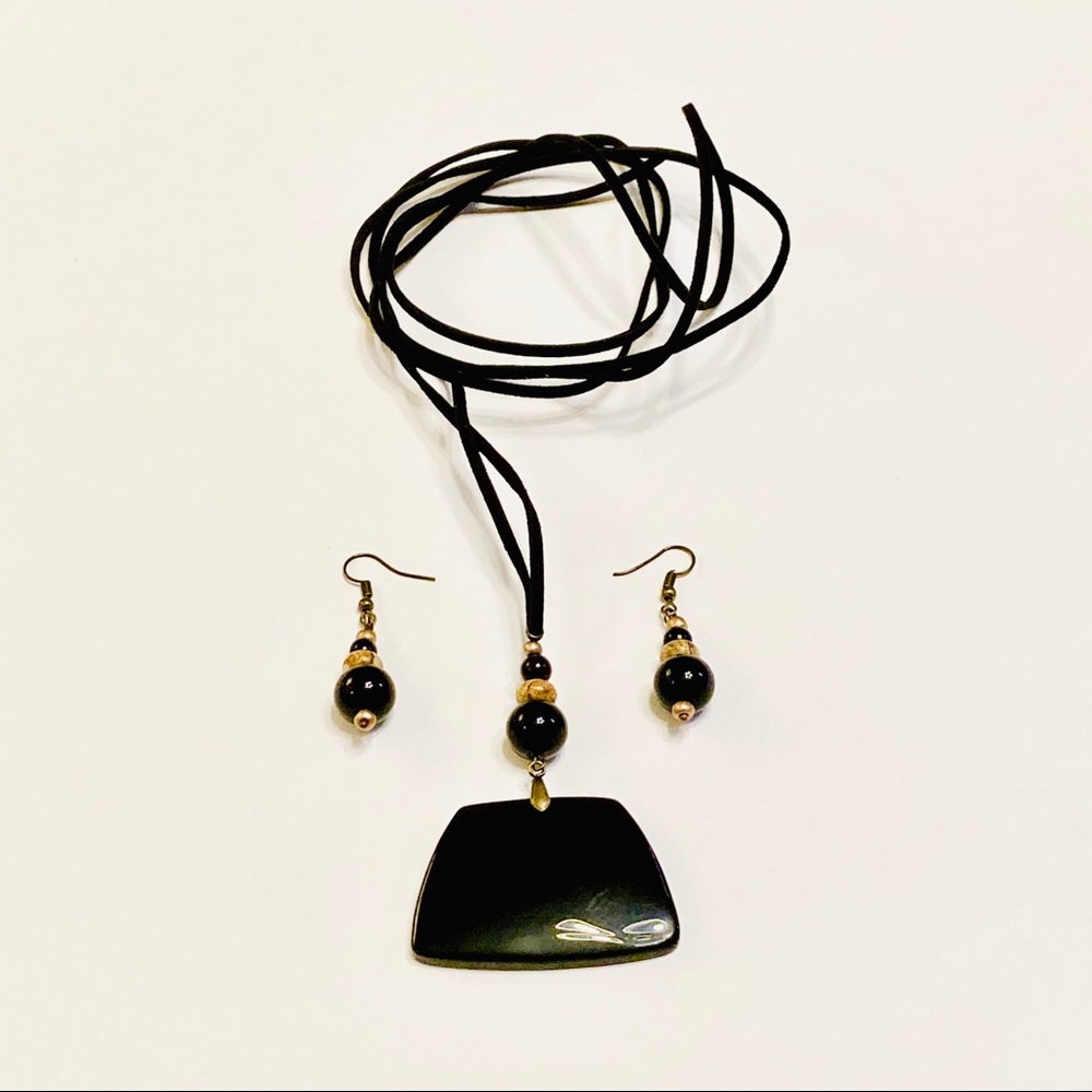 Unique BLACK AGATE Stone w/ Tan Picture Jasper Necklace & Matching Earrings Set - Picture 3 of 9